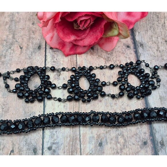 Black Glass Crystal Jewelry Set Choker Necklace Wide Bracelet Goth Witchy Formal - Picture 2 of 10